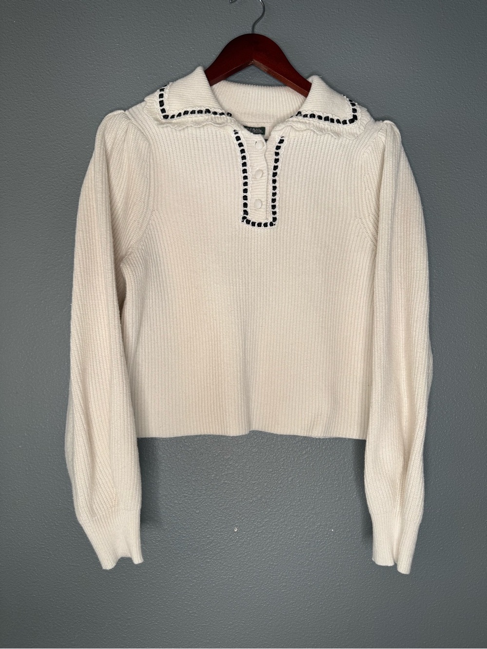 Wild Fable Cream Collared Cropped Sweater Small Black Ribbon Trim